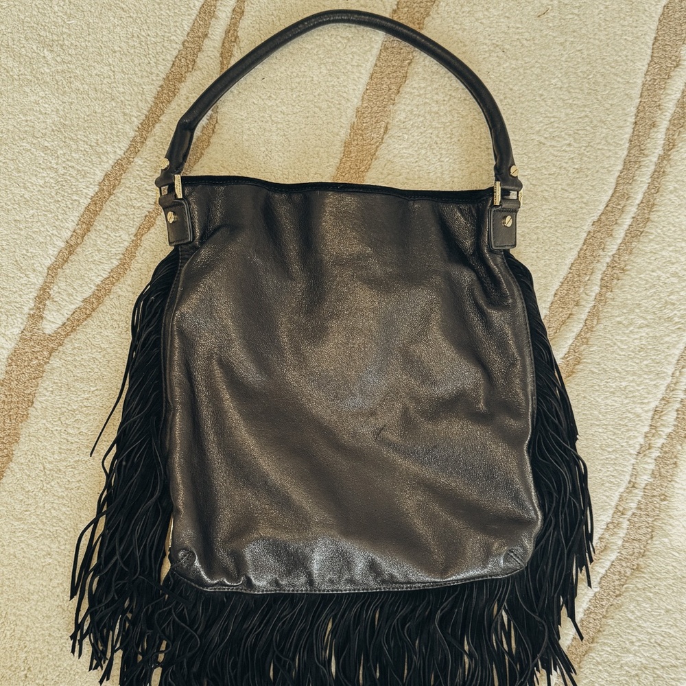Tory Burch Hobo Black Leather Bag With Black Suede Fringe